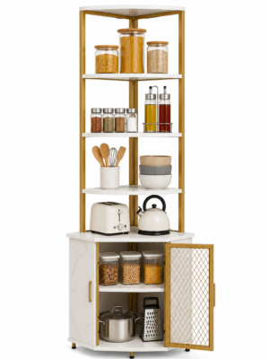 6e99f6c4-f702-47ac-8ddd-eae2470fcf02 Corner Storage Cabinet with Open Shelves for Multipurpose use.